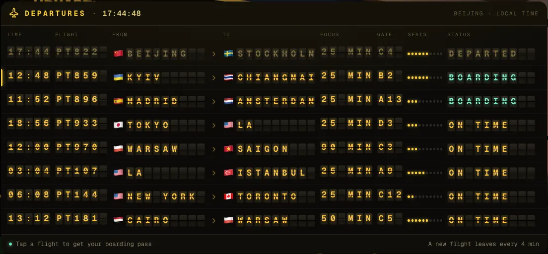 The departures board in the app: flight times, cities, 25 to 90 minute focus lengths, gates and boarding status in amber split-flap letters.