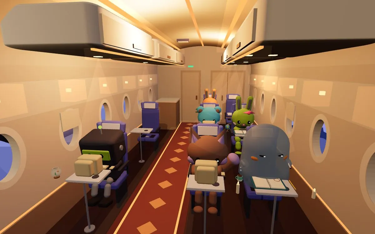 Inside the airplane cabin: critters at folding tables by round windows, a red carpet down the aisle.