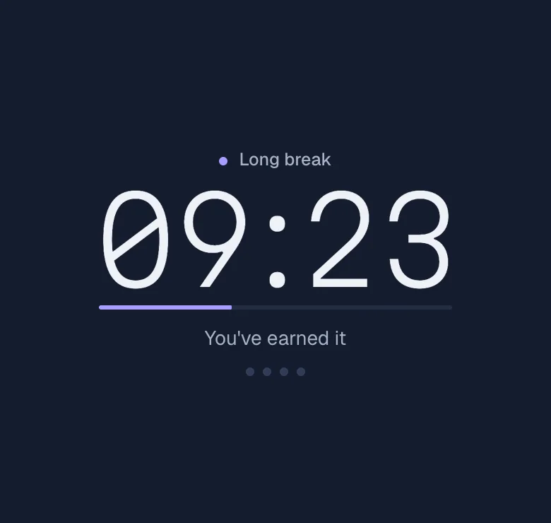 The Big digits clock face in a long break: 09:23 above a thin lilac progress line.