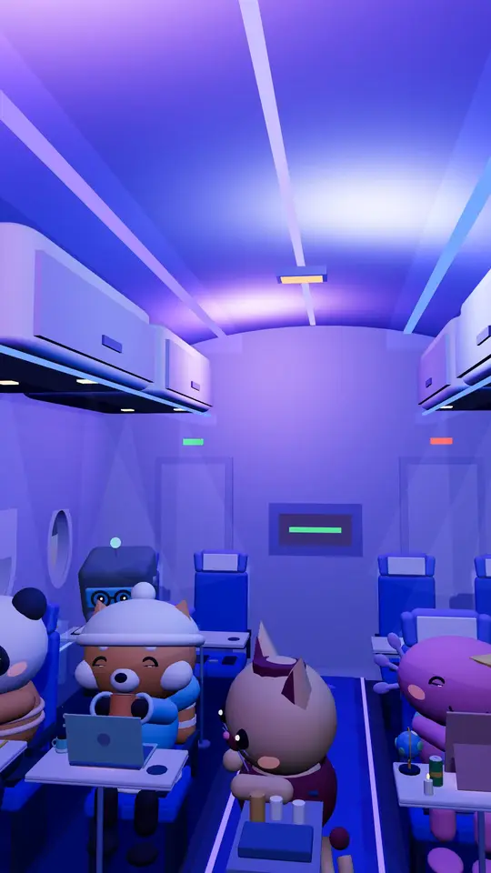 Inside the night cabin: critters at their tray tables under a blue ceiling glow, a laptop open at the nearest seat.