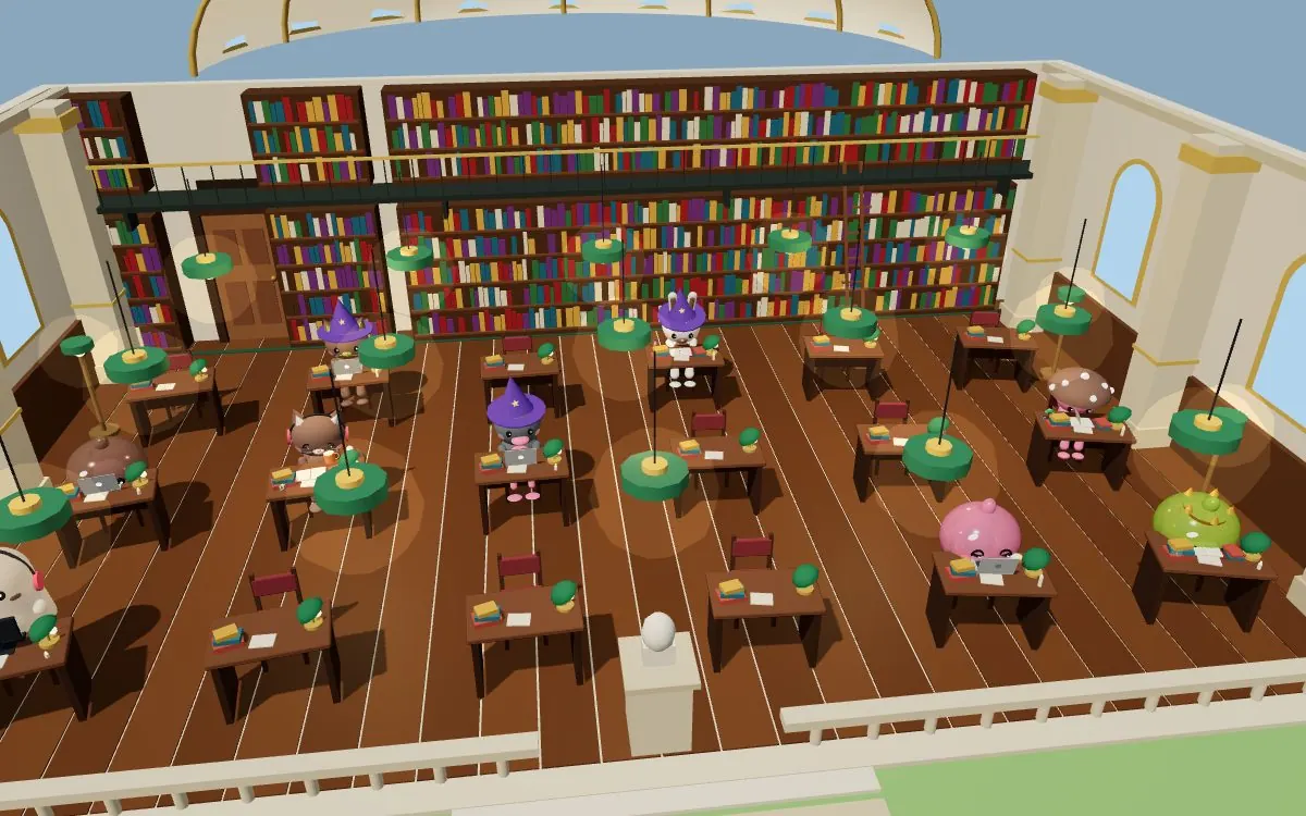 A grand library hall seen from above, full of critters working at wooden desks.
