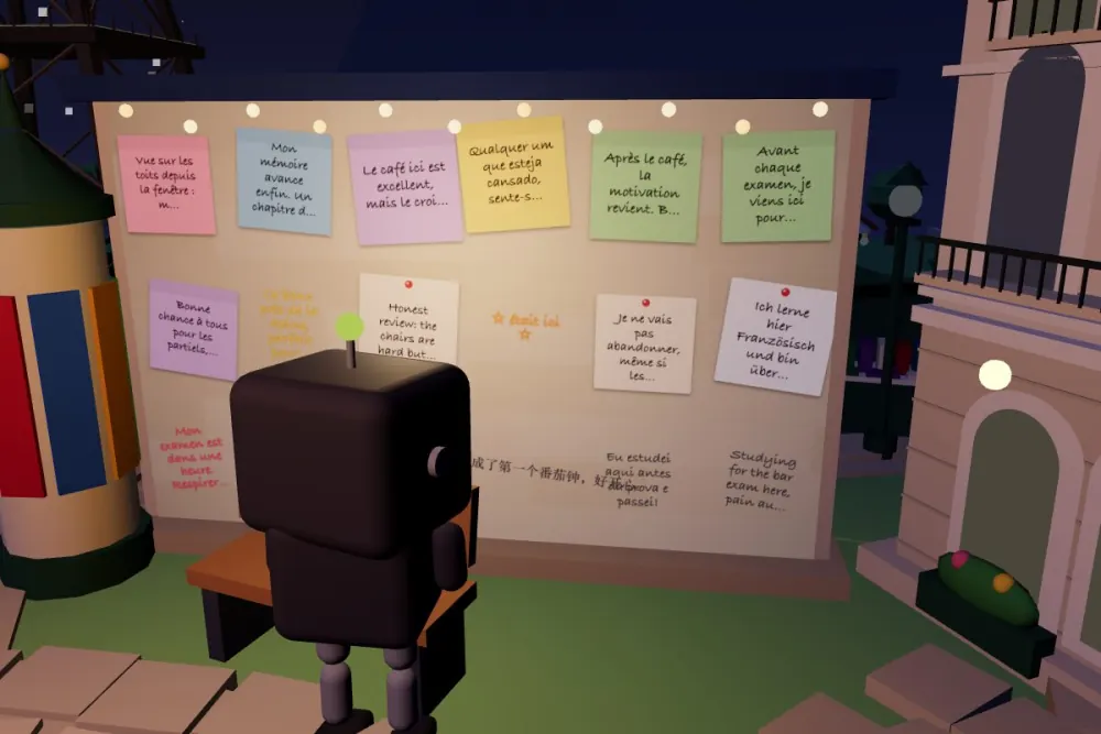 The message wall in Paris: sticky notes and handwritten lines in several languages, a robot critter reading them.